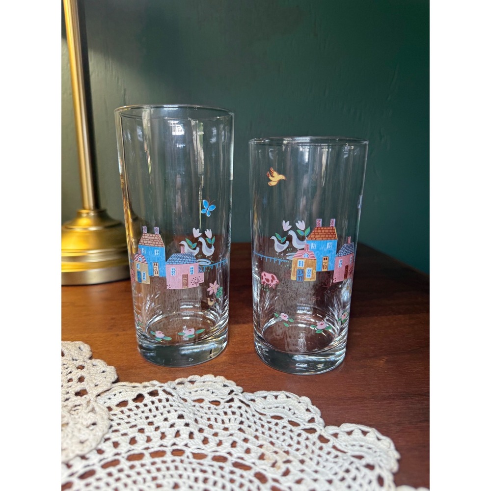 International Heartland Glassware Set 14oz 12oz Folk Art Country Village Geese
